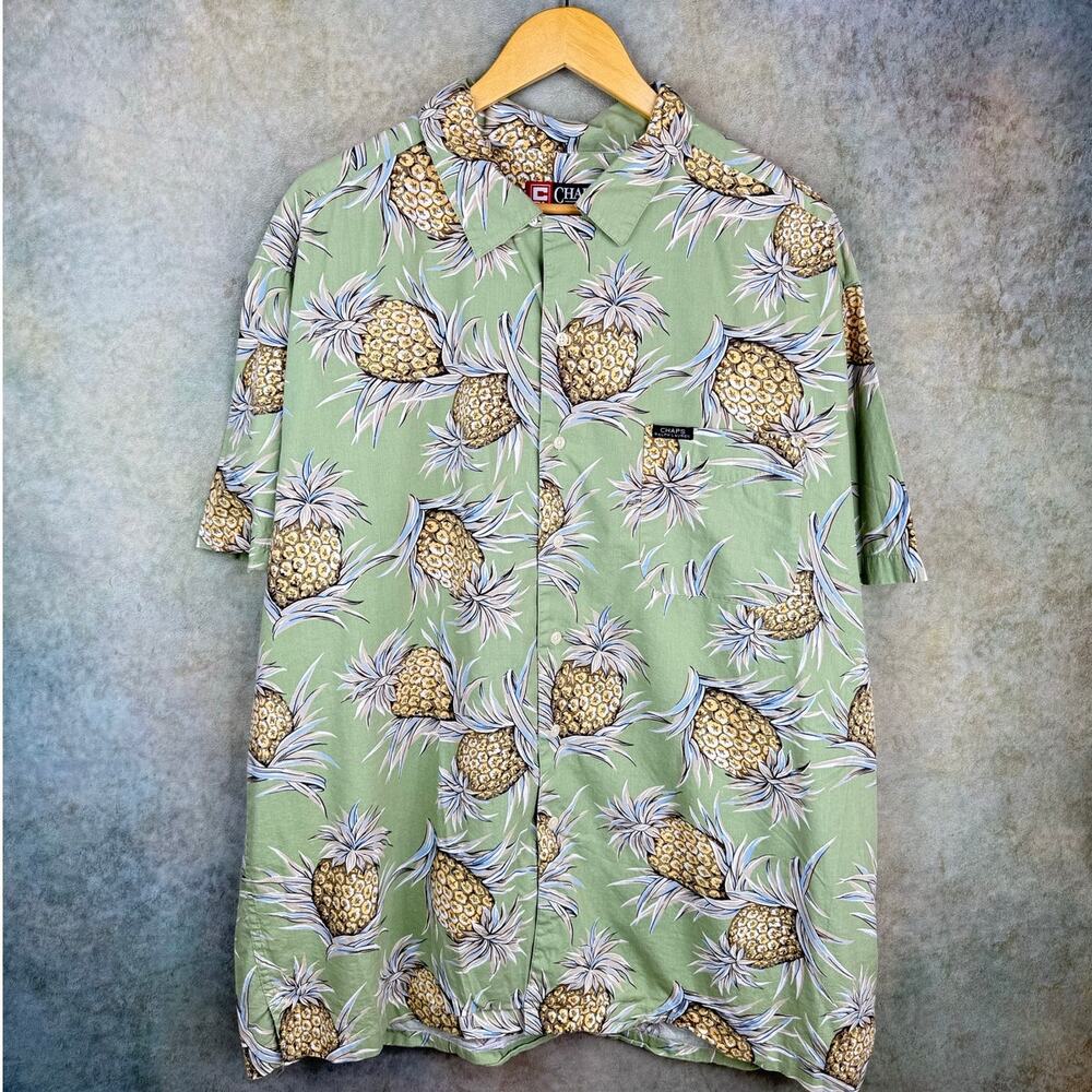 VTG 90s Chaps Ralph Lauren Button Up Shirt Sz XL Green Pineapple Print
